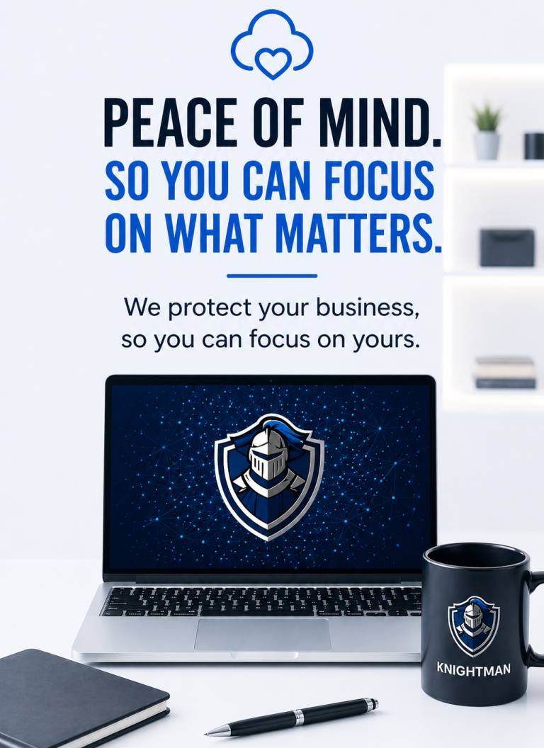 Laptop displaying a shield logo, with a coffee mug. Knightman protexts you so you can focus on what you do best